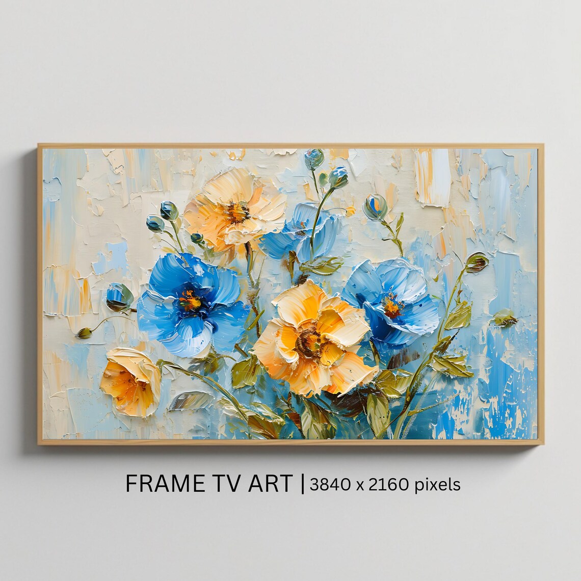 Blue And Gold Poppies Impasto Floral Painting Wall Art Poster