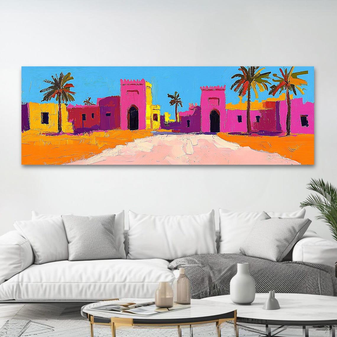 Moroccan Village Wall Art Long Horizontal Narrow Print Vibrant Panoramic Desert Architecture Artwork For Above Couch Or Bed - Image 3