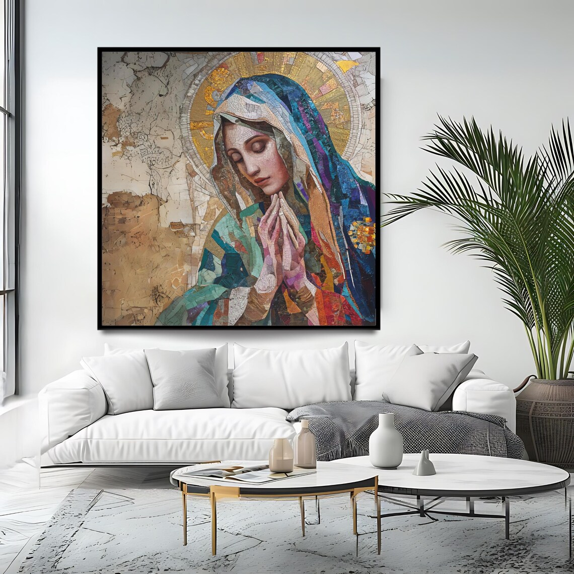 Virgin Mary Praying Hands Mosaic Halo Colorful Catholic Religious Wall Art Poster - Image 4