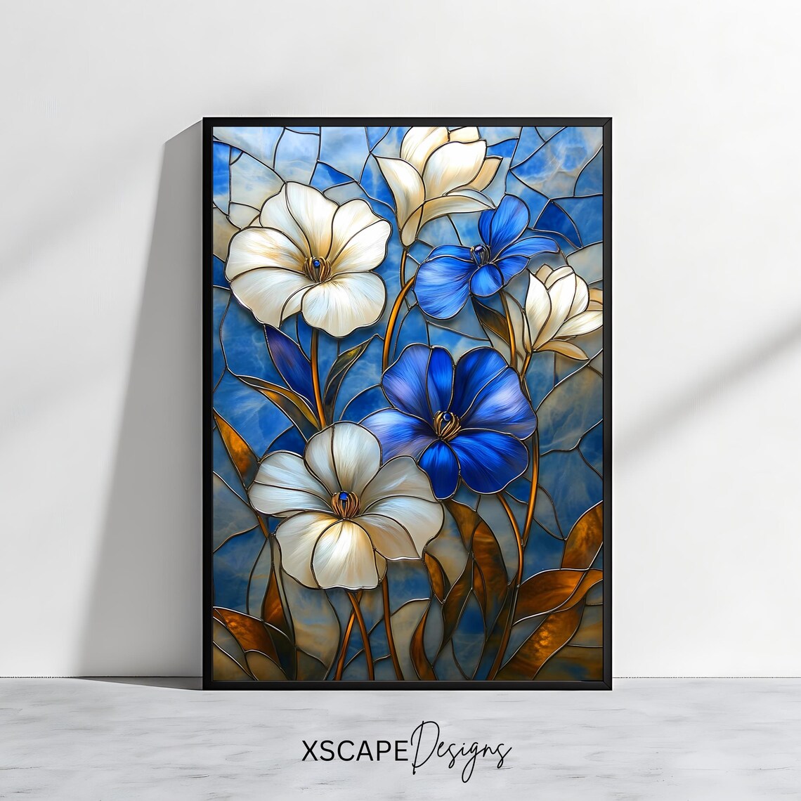 White Blue Floral Stained Glass Blooming Flowers Wall Art Decor Poster
