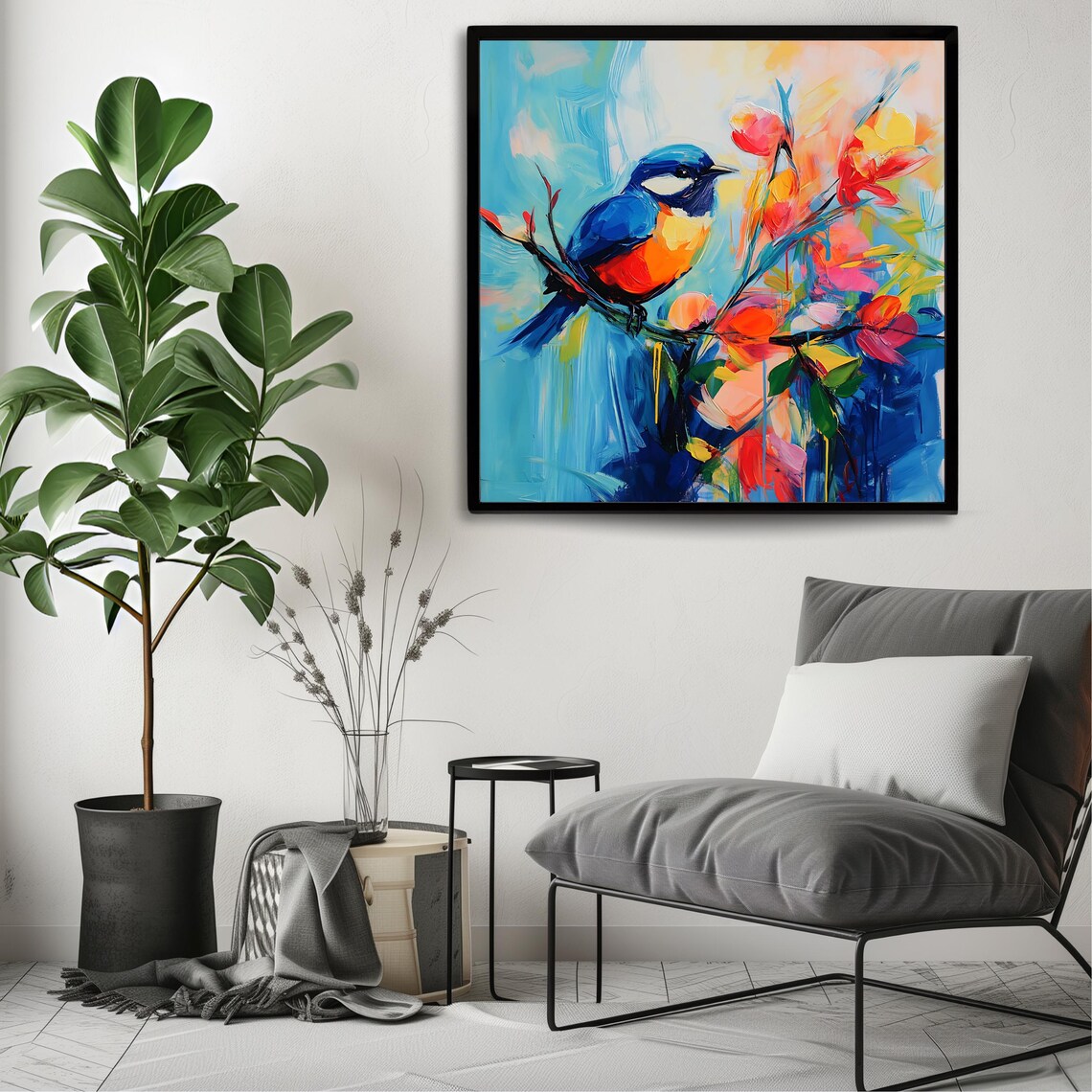 Vivid Blue Songbird Blossoming Branch Colorful Nature Oil Art Poster - Image 3