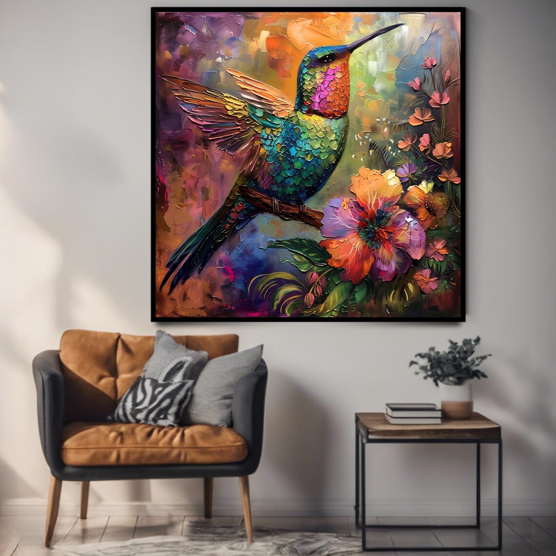 Colorful Hummingbird Among Hibiscus Flowers Textured Oil Art Poster - Image 3