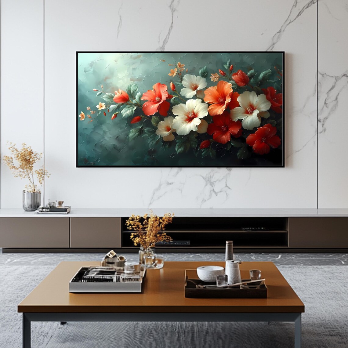 Elegant Hibiscus Bouquet Red White Orange Teal Floral Poster - Image 2