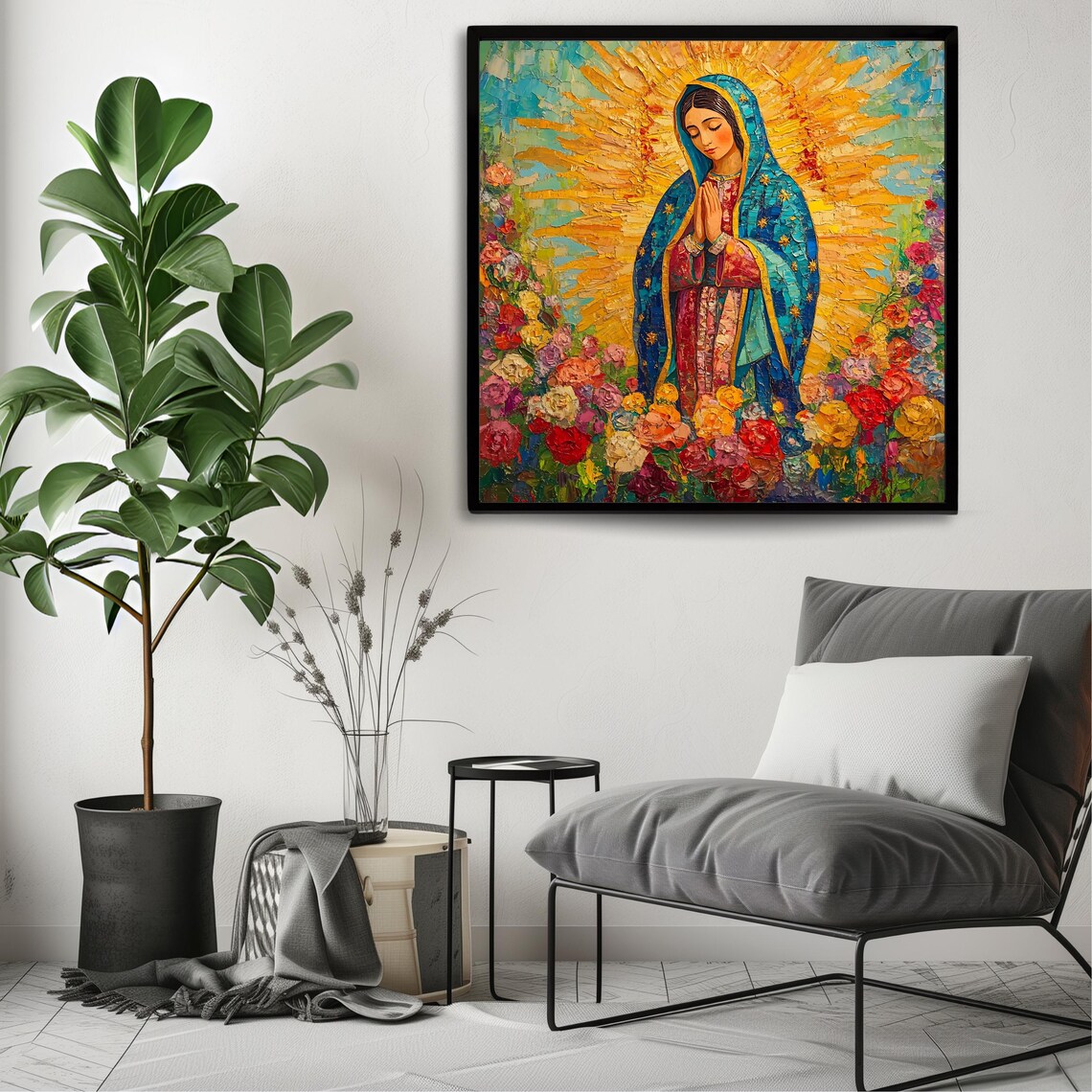 Our Lady of Guadalupe Blue Mantle Golden Sunburst Roses Impasto Art Print - Image 3