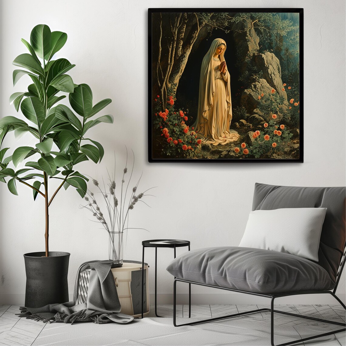Our Lady Of Lourdes White Veil Grotto Roses Classic Catholic Wall Art Poster - Image 3