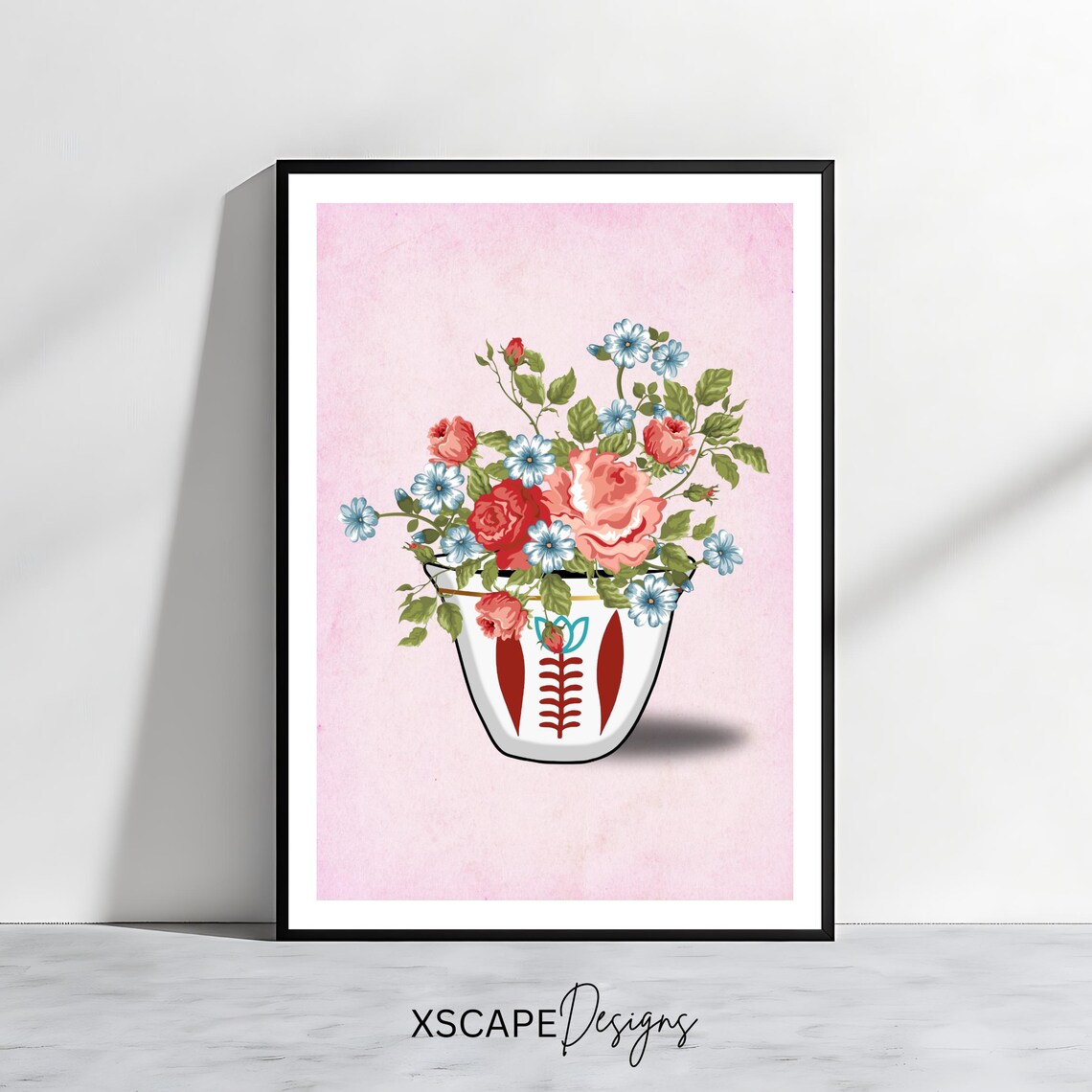 Floral Lebanese Coffee Cup Roses Blue Blossoms Pink Wall Art Poster
