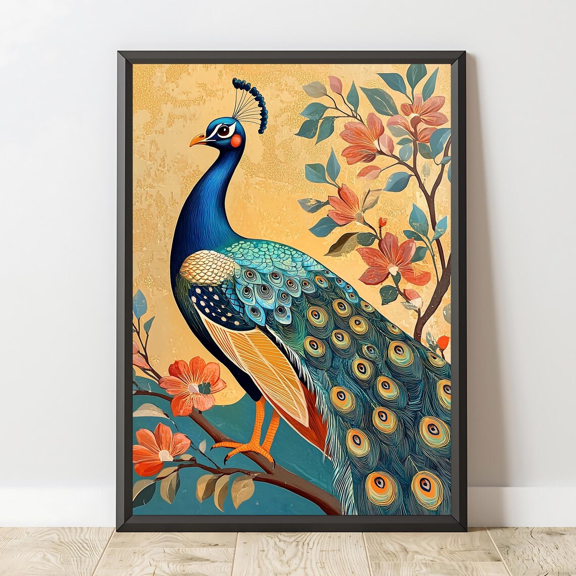 Elegant Peacock Golden Teal Branch Chinoiserie Style Bird Art Print - Image 2