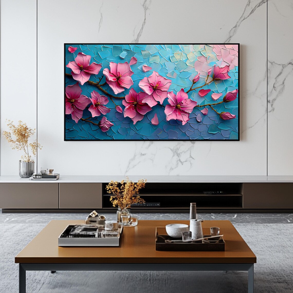 Pink Cherry Blossom Branch Turquoise Impasto Floral Painting Wall Art - Image 2