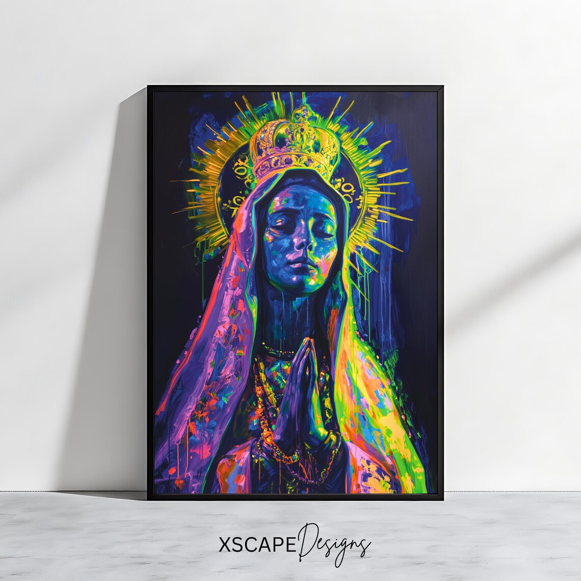 Neon Virgin Mary Golden Crown Praying Hands Modern Catholic Wall Art Poster