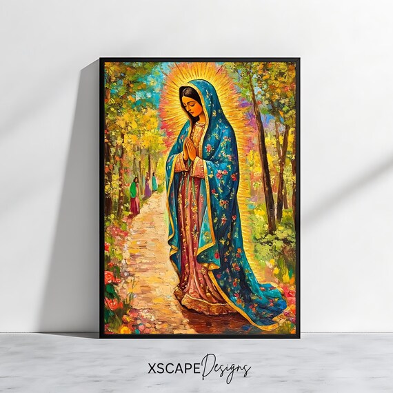 Our Lady of Guadalupe Praying on Forest Path Colorful Poster