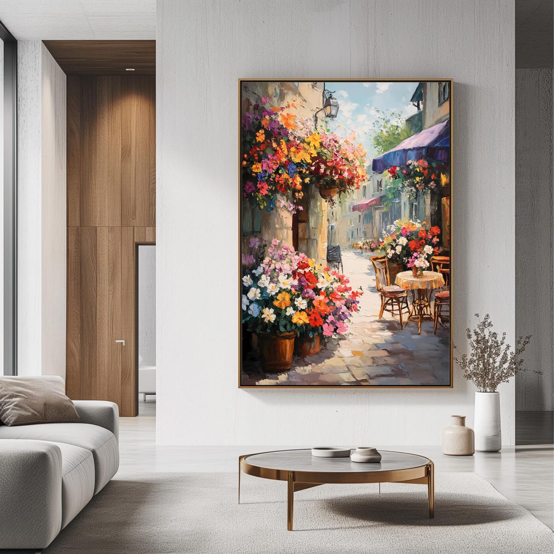 French Cafe Flower Lined Cobblestone Street Terrace Summer Wall Art - Image 3