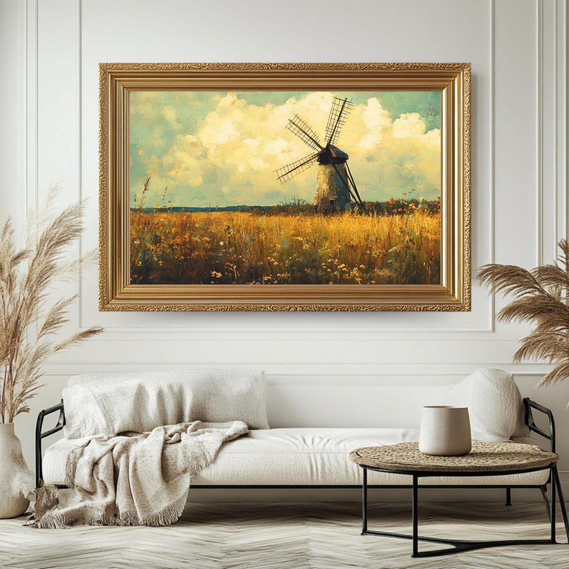 Vintage Windmill Golden Wheat Field Dramatic Clouds Rustic Art Poster - Image 4