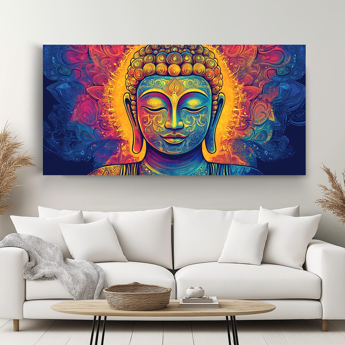 Vibrant Psychedelic Buddha Mandala Colorful Panoramic Spiritual Wall Art - Image 2