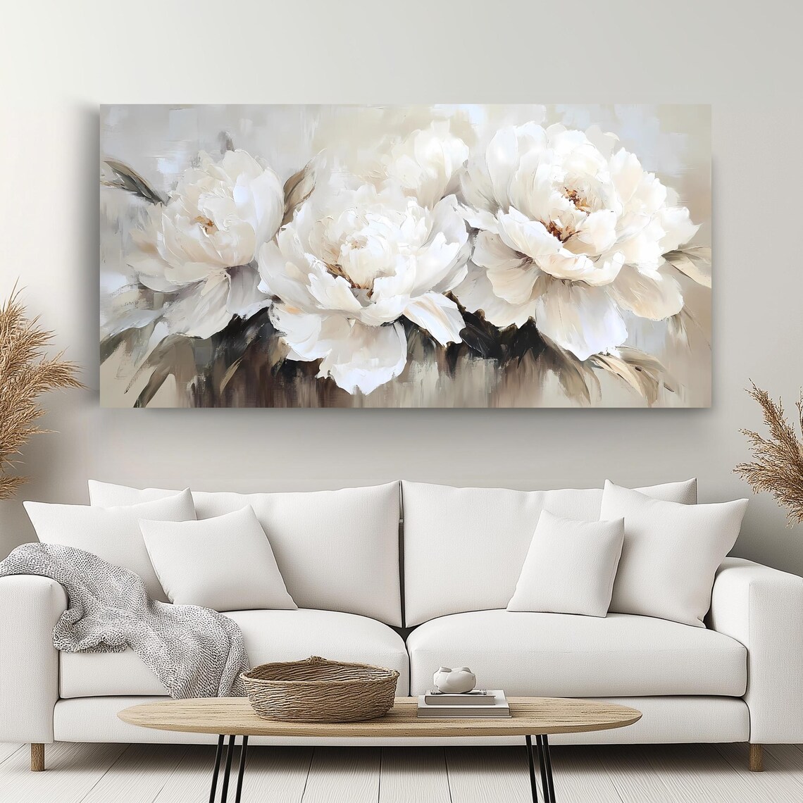 White Peonies Above Couch Wall Art Print - Image 2