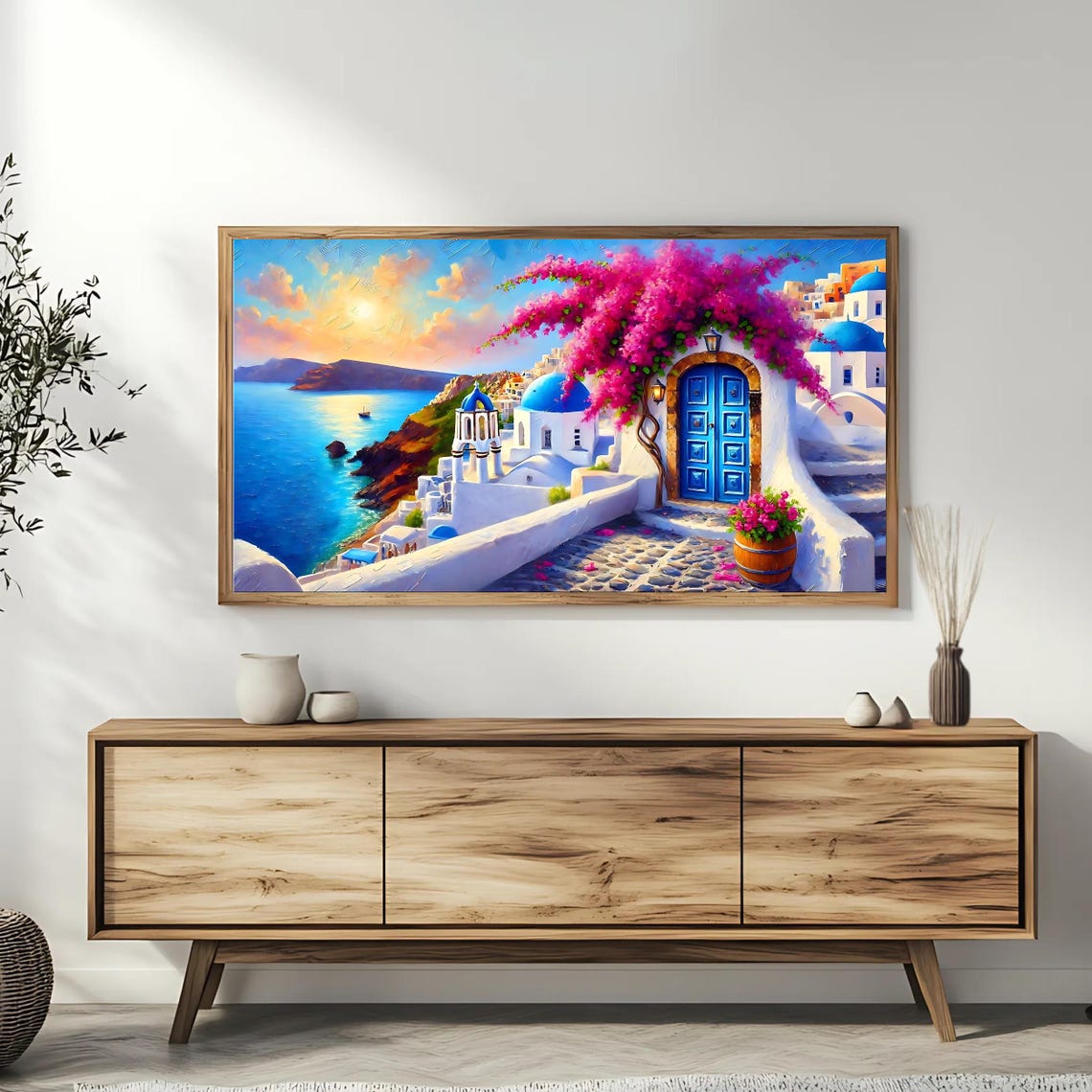 Santorini Greece Blue Doors Bougainvillea Sunset Caldera View Print - Image 3