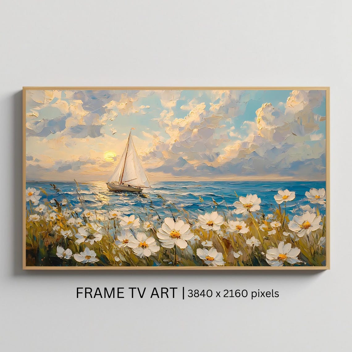 Sailboat At Sunset Ocean Daisies Coastal Seascape Nautical Art Poster