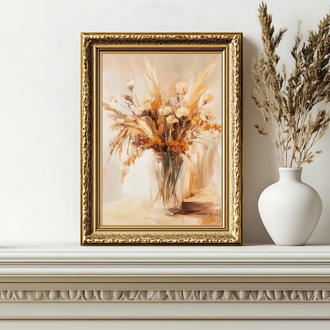 Dried Floral Bouquet in Glass Vase Beige Boho Farmhouse Art Poster - Image 2