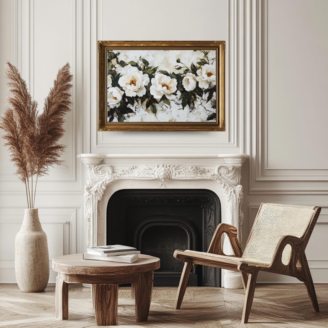Cream White Peony Blossoms Dark Green Foliage Botanical Wall Art - Image 3