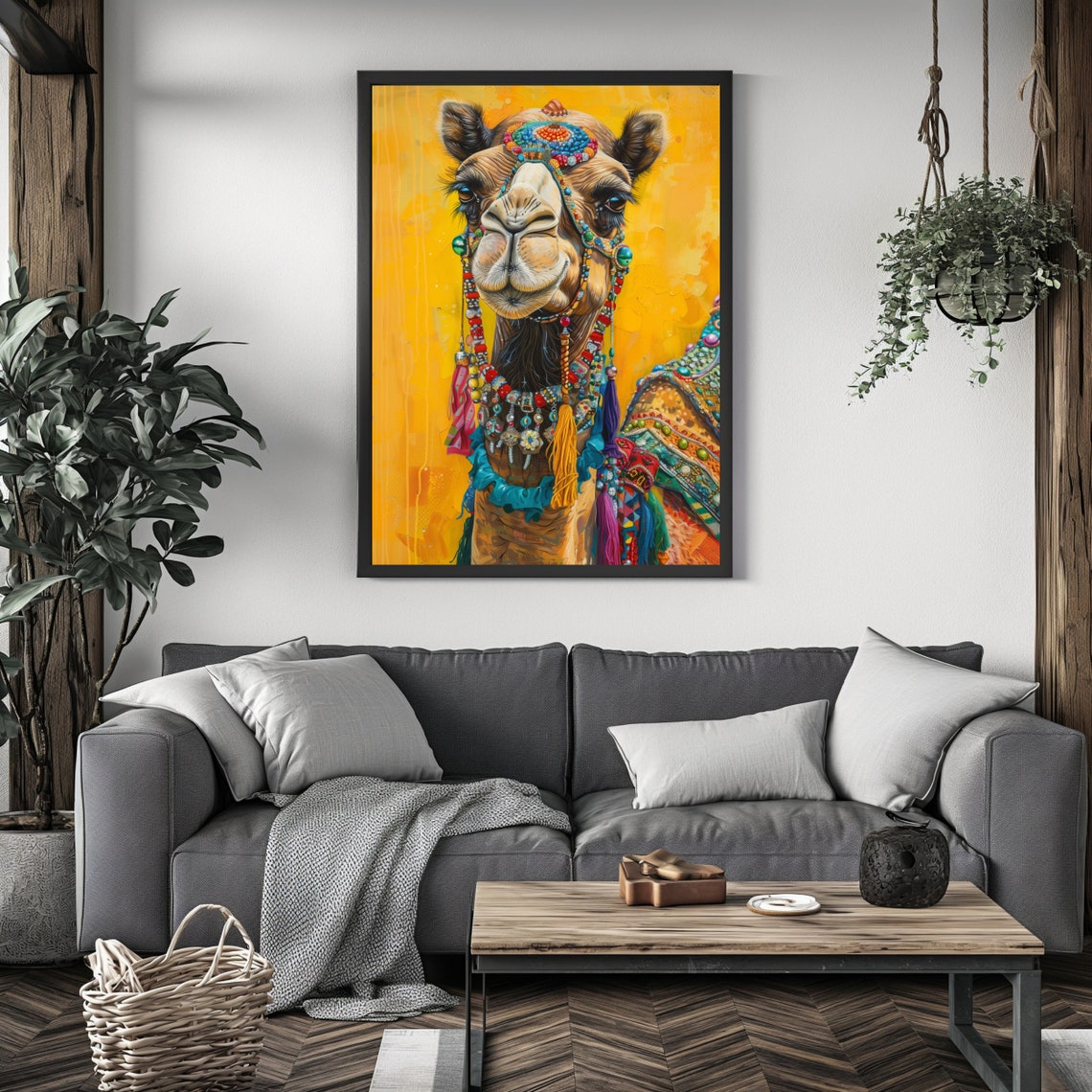 Decorated Camel Colorful Beads Golden Background Boho Art Poster - Image 4