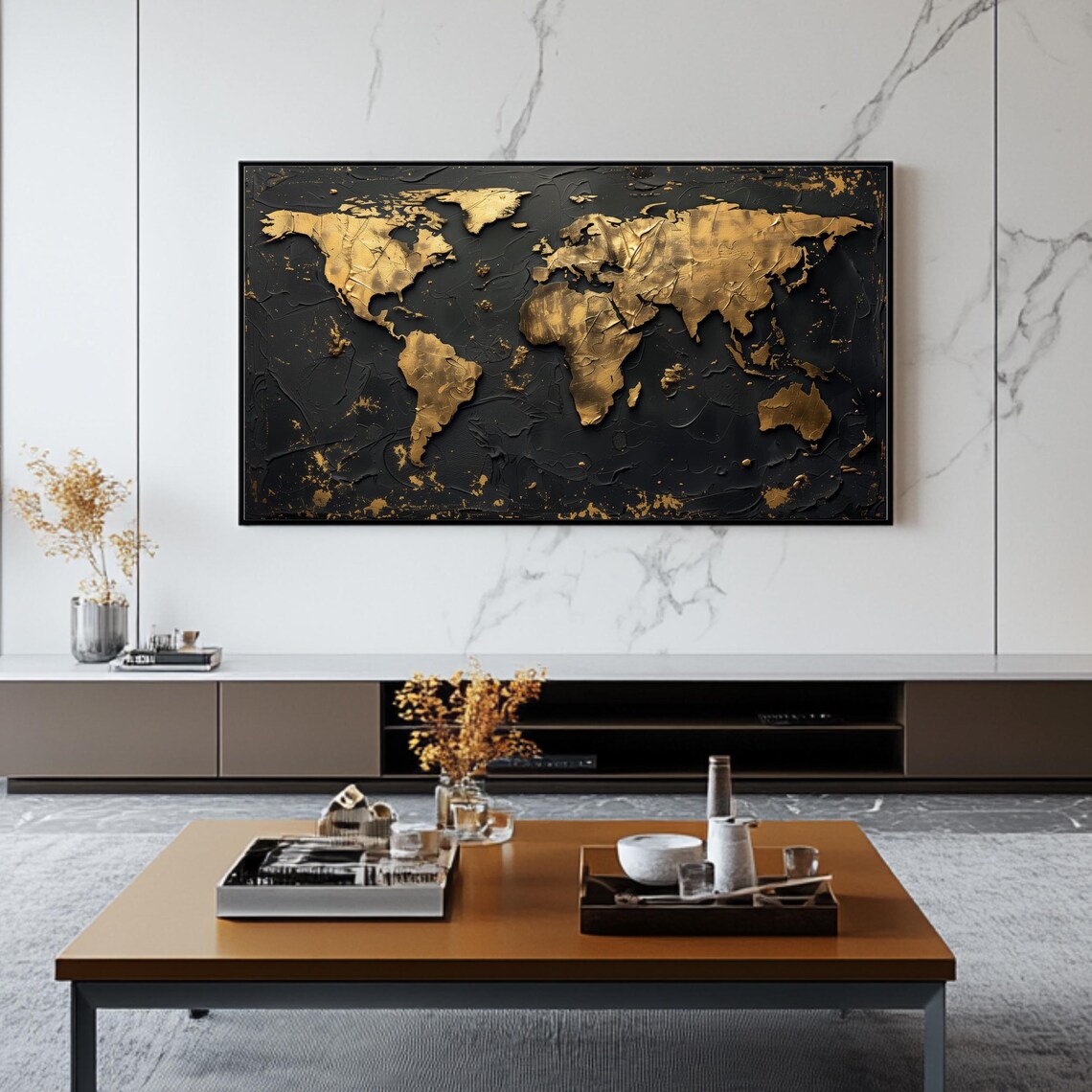 Gold Foil World Map On Black Textured Abstract Travel Poster - Image 2