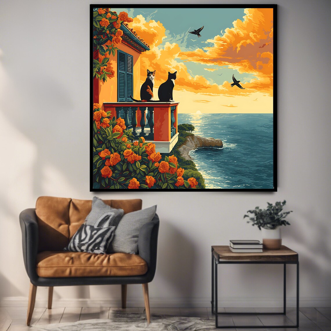Two Cats On Balcony Overlooking Ocean Sunset Orange Roses Coastal Poster - Image 3