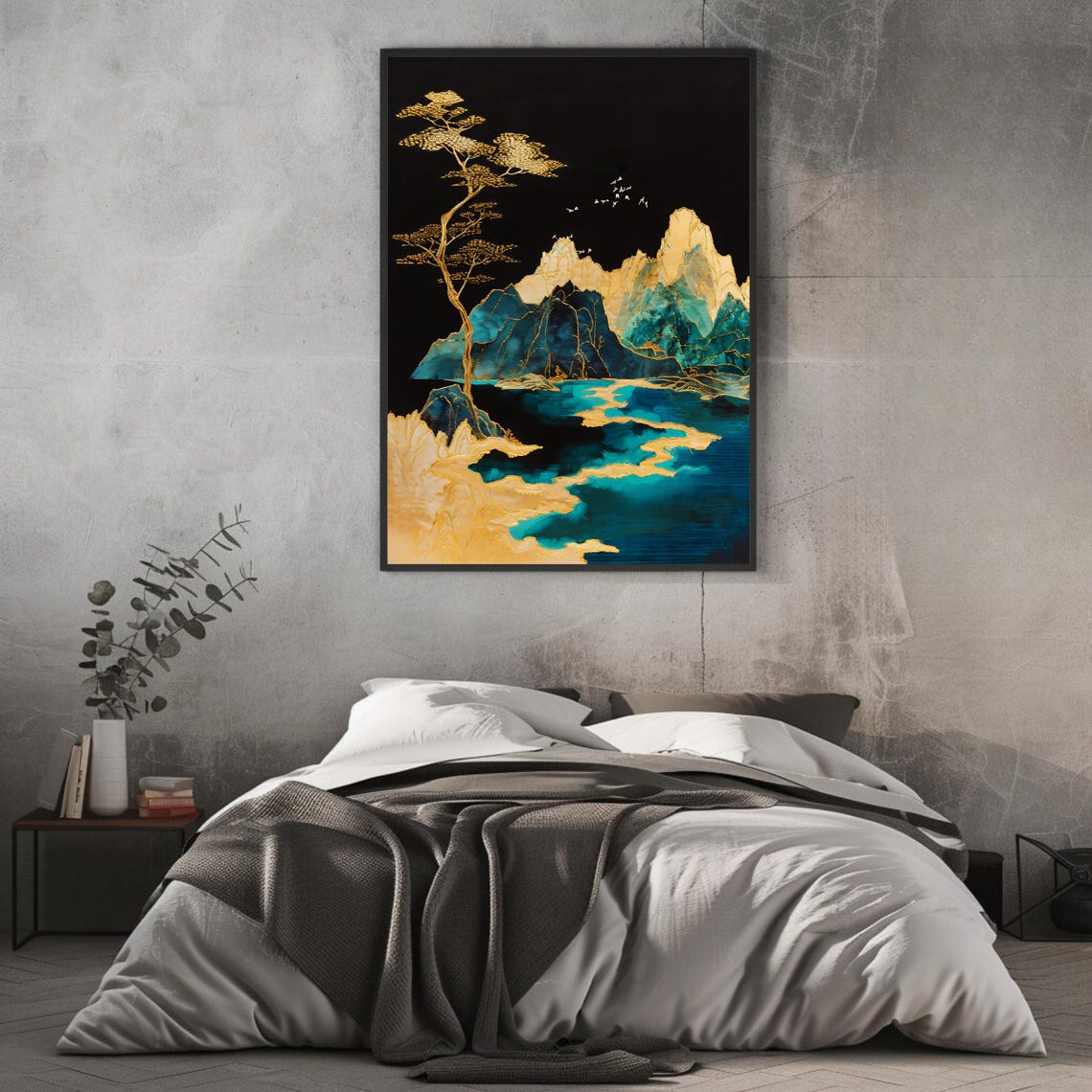 Golden Abstract Mountain Landscape Teal Peaks Black Modern Art Poster - Image 2