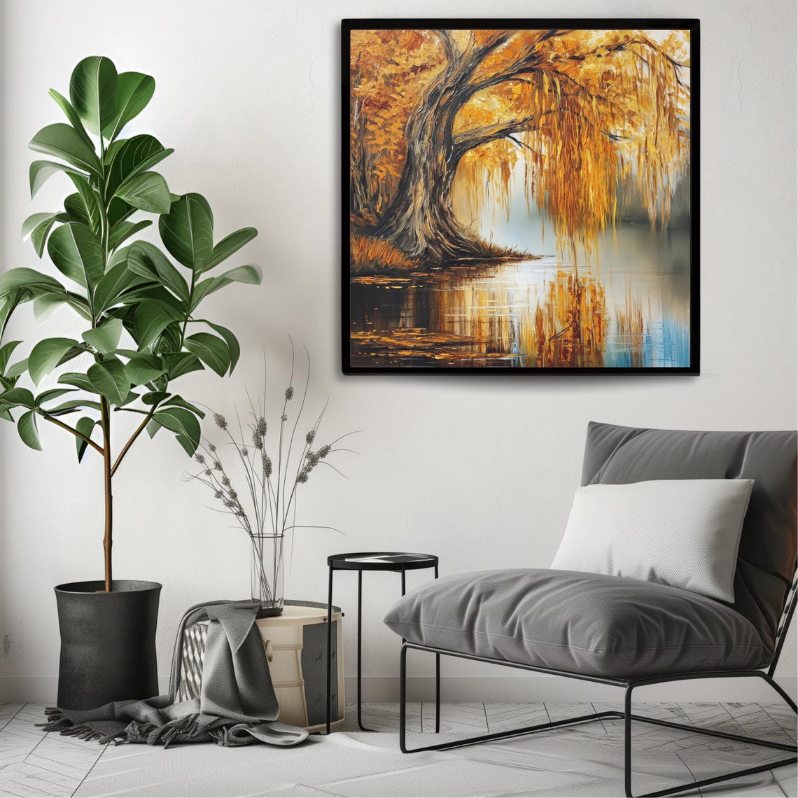 Golden Autumn Willow Tree Reflected in a Still Lake Oil Style Poster - Image 3