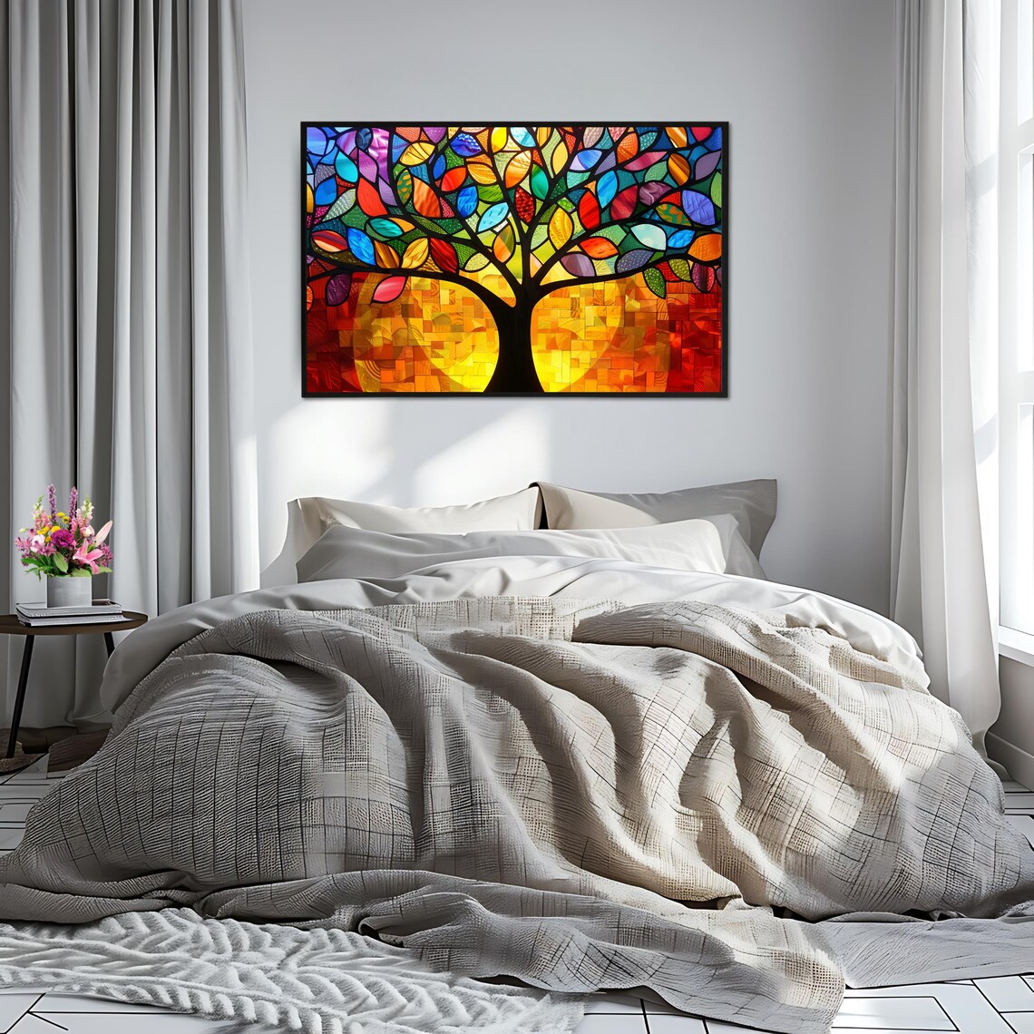 Tree Of Life Stained Glass Colorful Leaves Warm Sunset Art Poster - Image 2