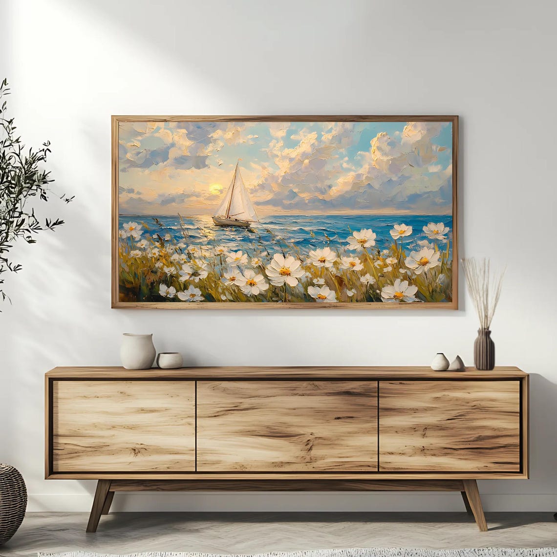 Sailboat At Sunset Ocean Daisies Coastal Seascape Nautical Art Poster - Image 3