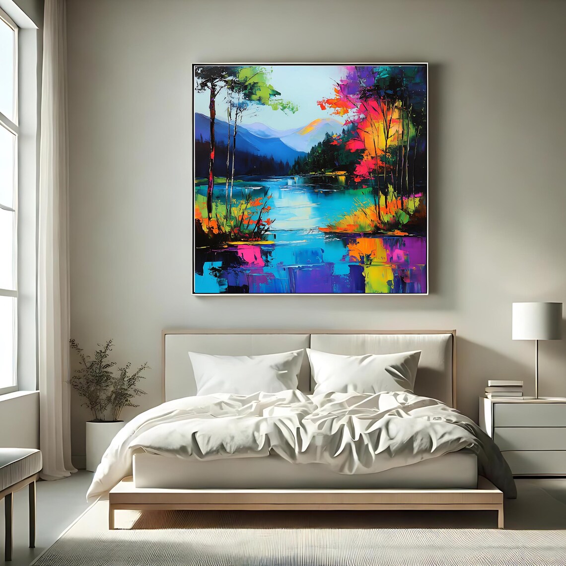Vibrant Landscape Wall Art Print Abstract Artwork Square Colorful Nature Decor Bright Forest Painting - Image 2