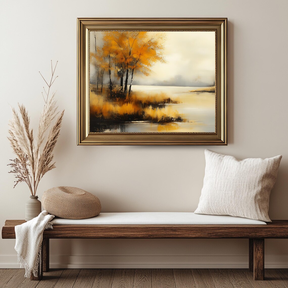 Misty Autumn Lakeside Golden Trees Vintage Fall Landscape Poster - Image 2