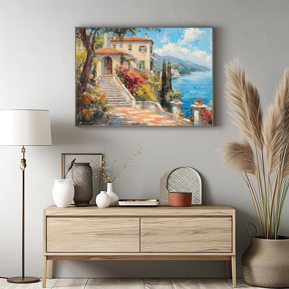 Mediterranean Coastal Villa Steps Sea View Colorful Garden Poster - Image 3