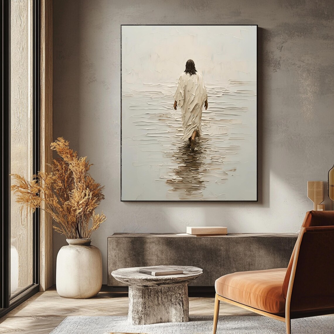 Jesus Walking on Water White Robe Neutral Christian Faith Wall Art Print - Image 3