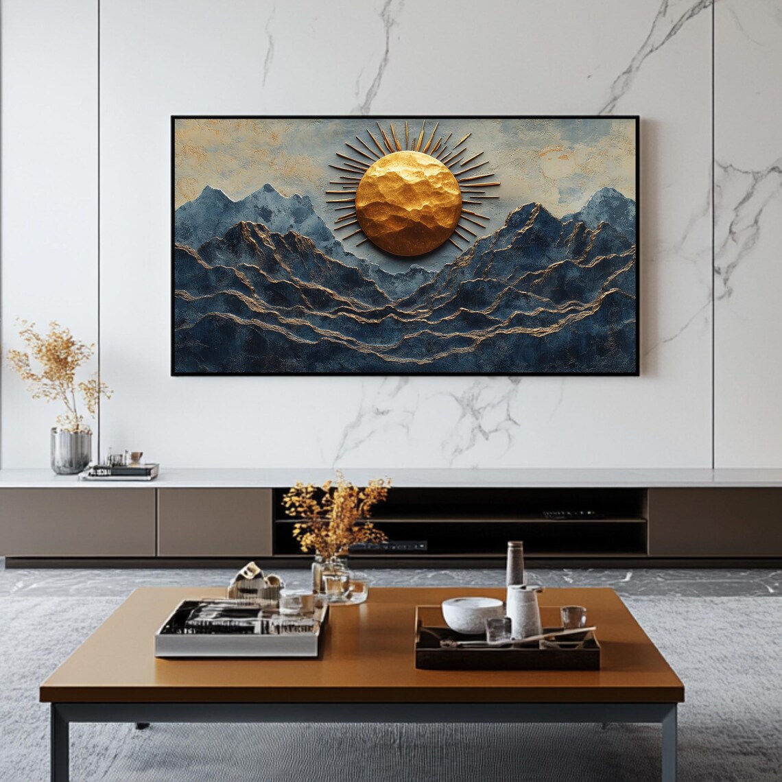 Golden Hammered Sun Over Blue Mountain Ranges Textured Art Poster - Image 2