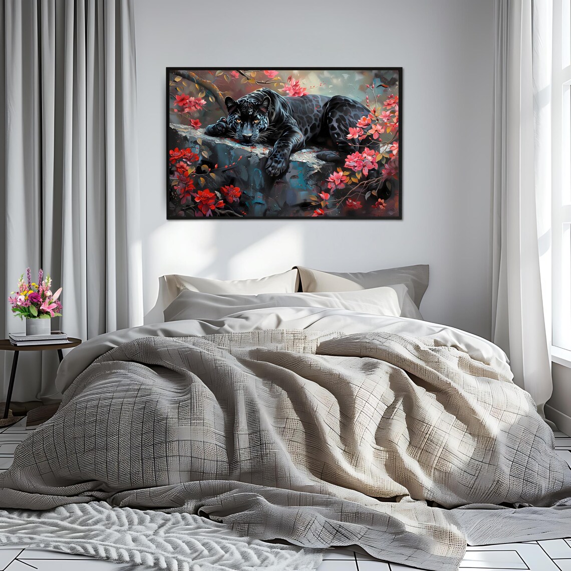Black Panther Jungle Flowers Resting Rock Feline Wildlife Wall Art Print - Image 2
