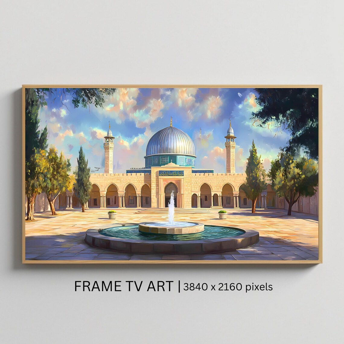 Al Aqsa Mosque Courtyard Fountain Minarets Blue Sky Painting Poster