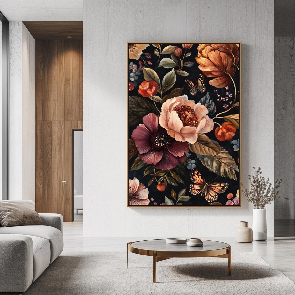 Dark Botanical Peony And Monarch Butterfly Moody Floral Art Poster - Image 3