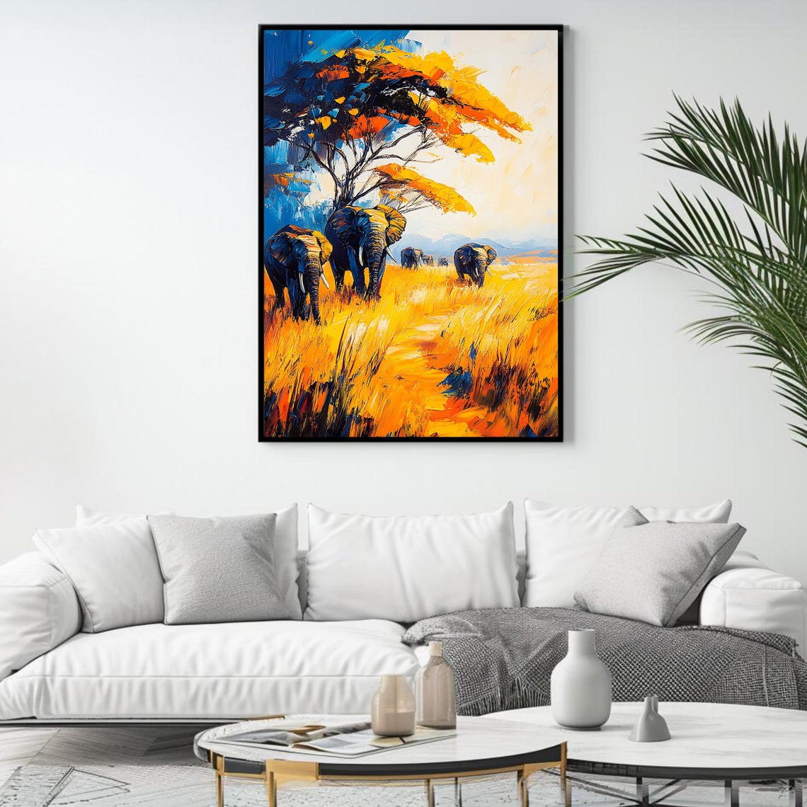 African Elephants Walking Golden Savanna Under Acacia Tree Art Poster - Image 4
