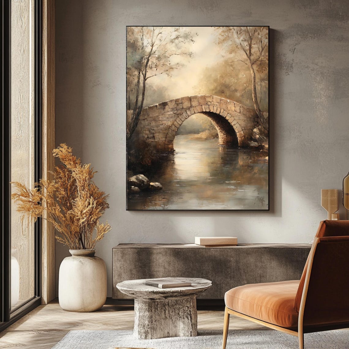 Rustic Bridge Art Print Neutral Landscape Wall Decor Countryside Home Art Vintage Painting - Image 3