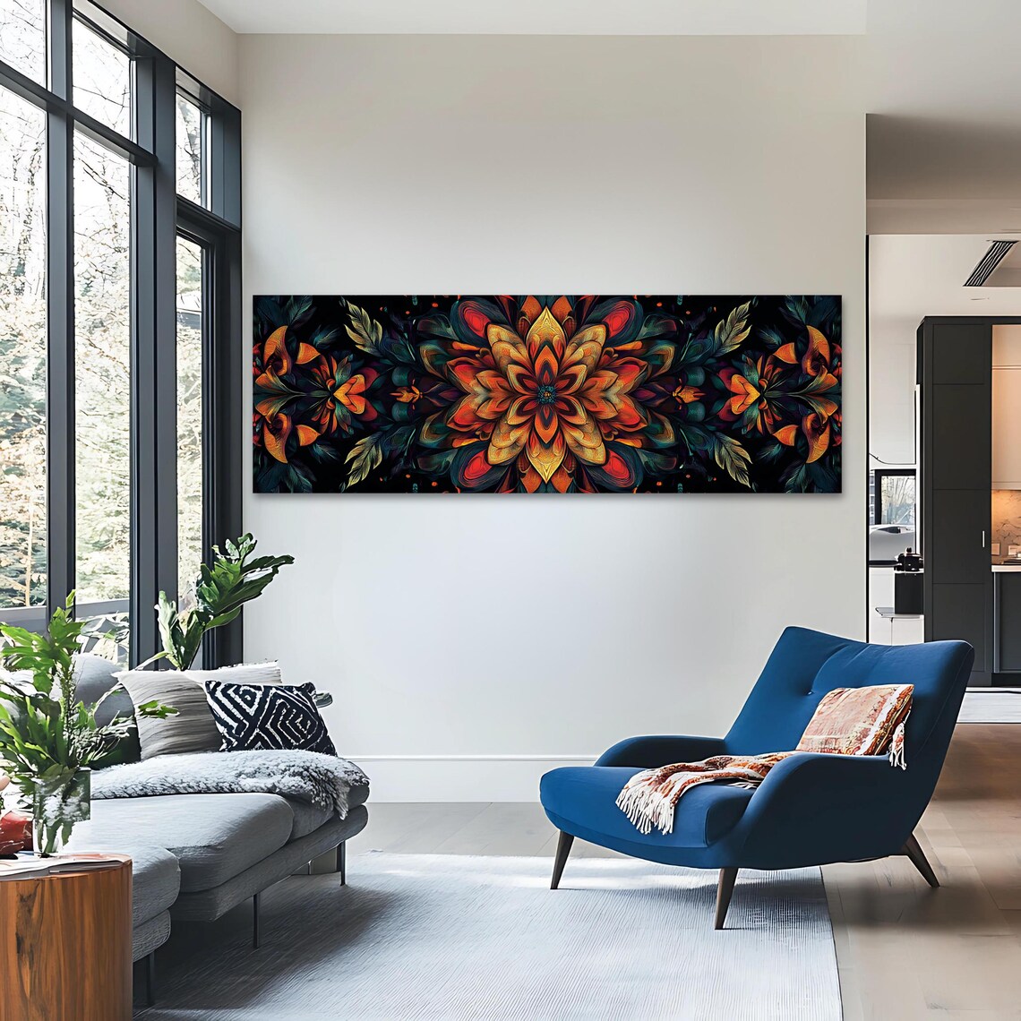 Dark Floral Mandala Moody Botanical Symmetric Panoramic Art Poster - Image 3