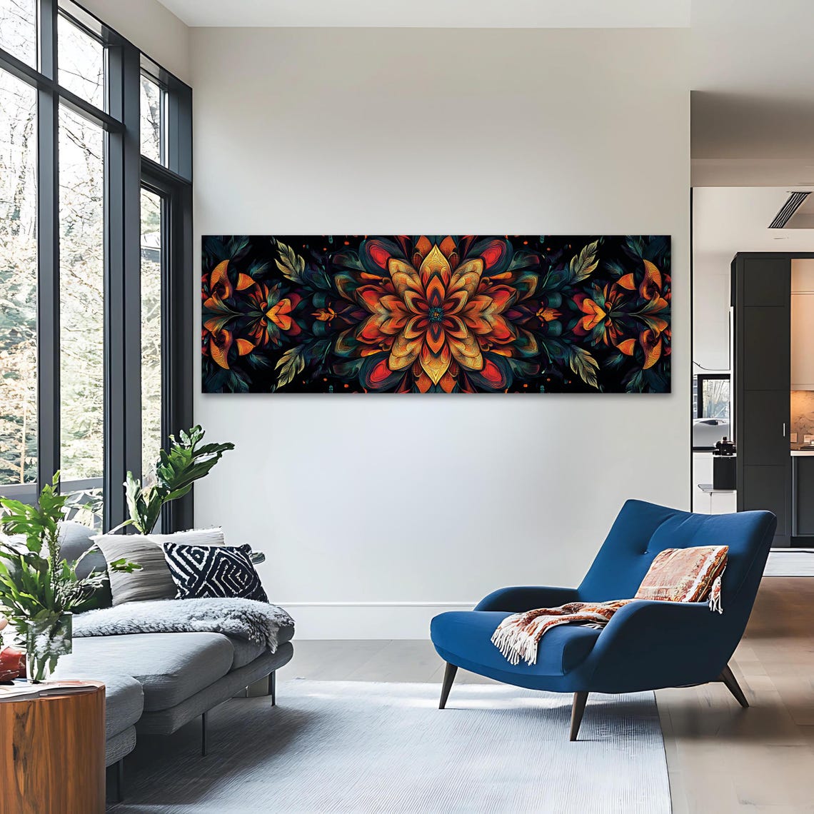 Dark Floral Mandala Wall Art Long Narrow Panoramic Print Boho Oversized Above Sofa Or Bed Decor Moody Botanical - Image 3