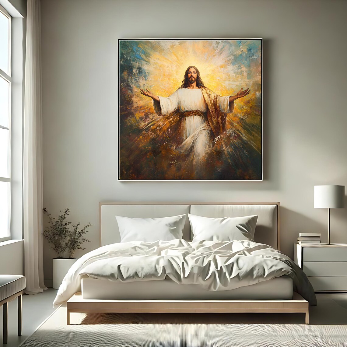 Jesus Christ Radiant Resurrection Arms Open Golden Light Religious Christian Poster - Image 2