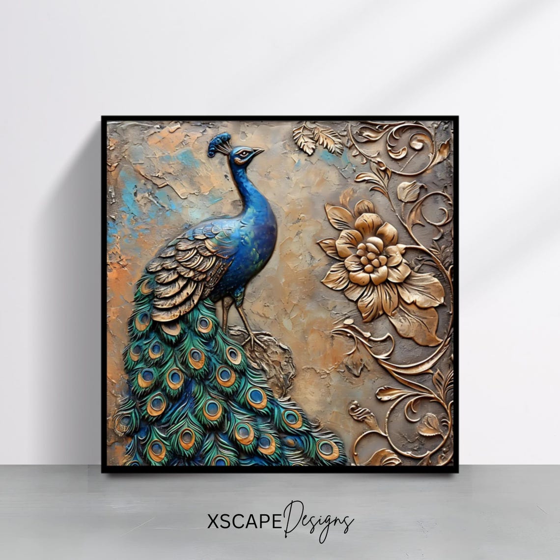 Regal Peacock 3D Relief Embossed Gold Ornate Floral Square Art Print