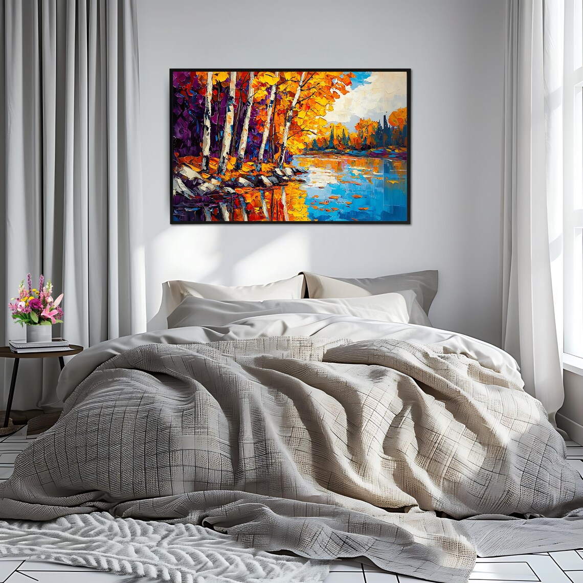 Autumn Birch Forest Palette Knife Orange Purple Lakeside Travel Poster - Image 2