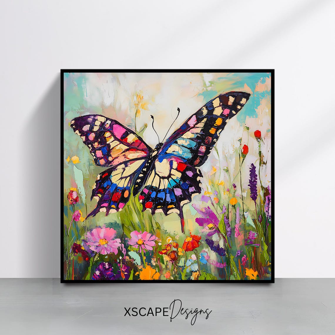 Vibrant Butterfly Art Print Colorful Floral Wall Decor Modern Square Artwork Instant