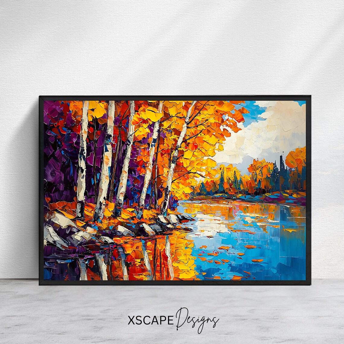 Autumn Birch Forest Palette Knife Orange Purple Lakeside Travel Poster