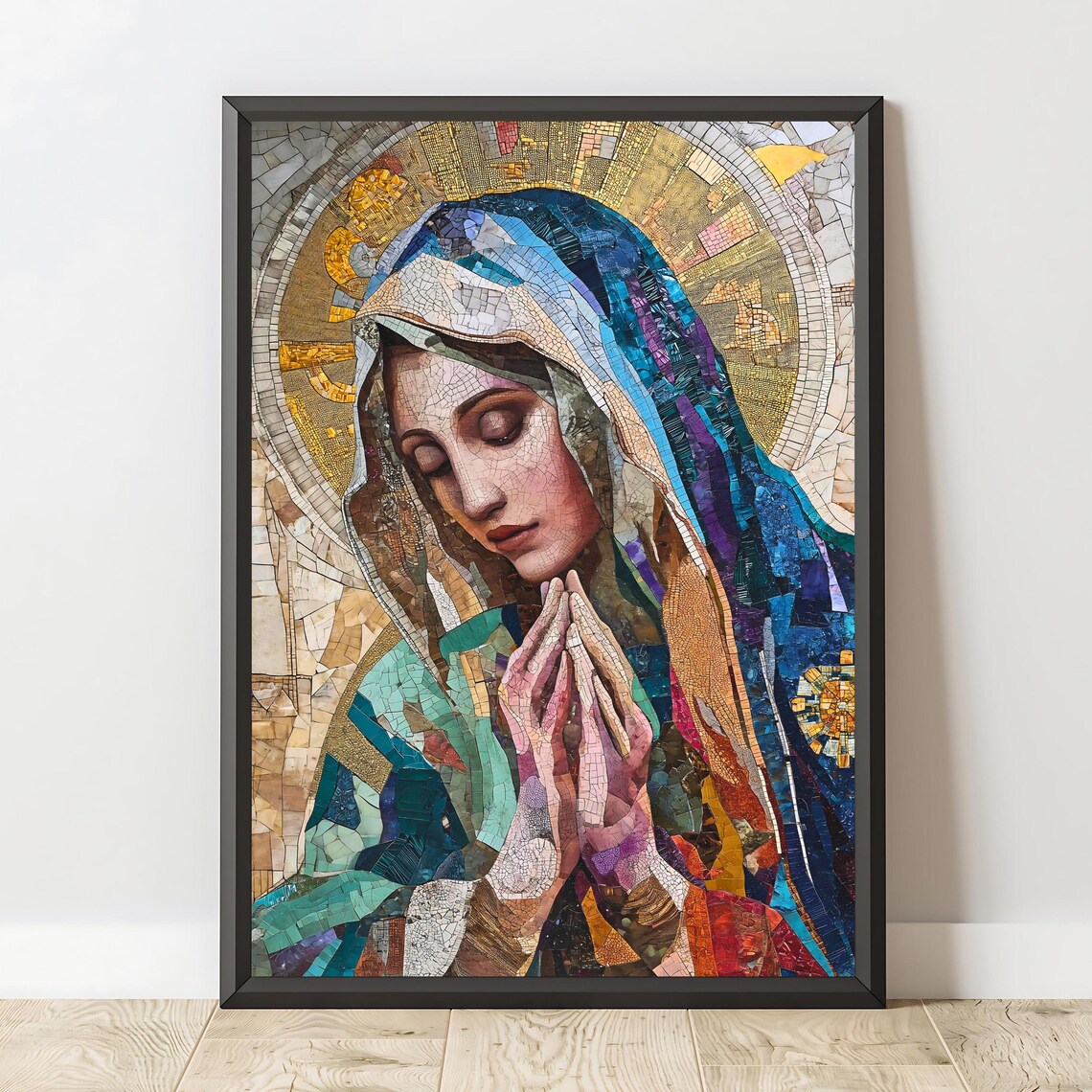 Virgin Mary Mosaic Prayer Blue Veil Golden Halo Catholic Faith Art Print Poster - Image 2