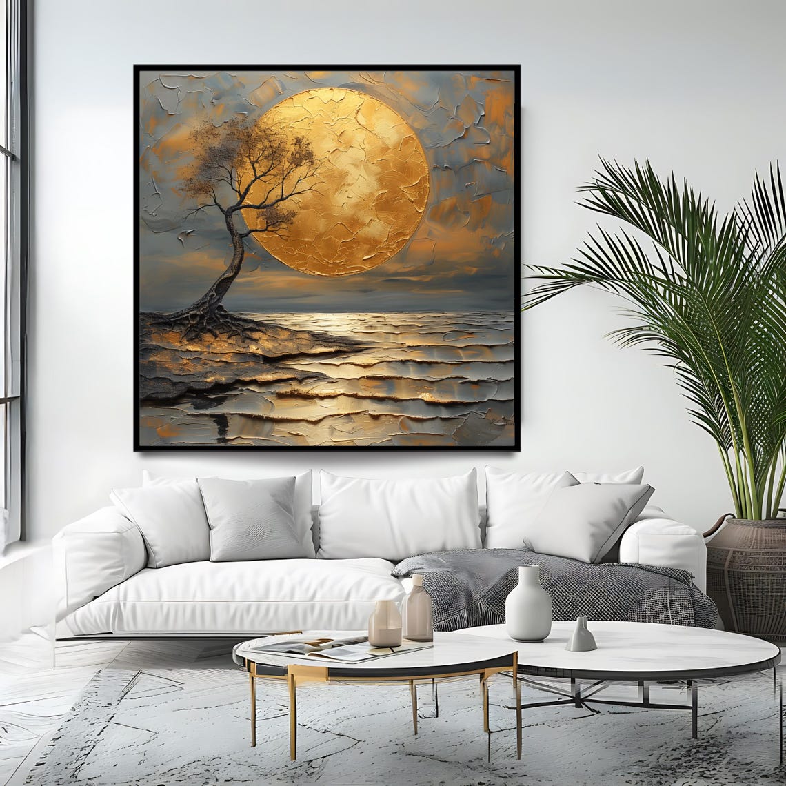 Golden Moon Wall Art Abstract Moonlight Print Surreal Landscape Painting For Home Decor - Image 4