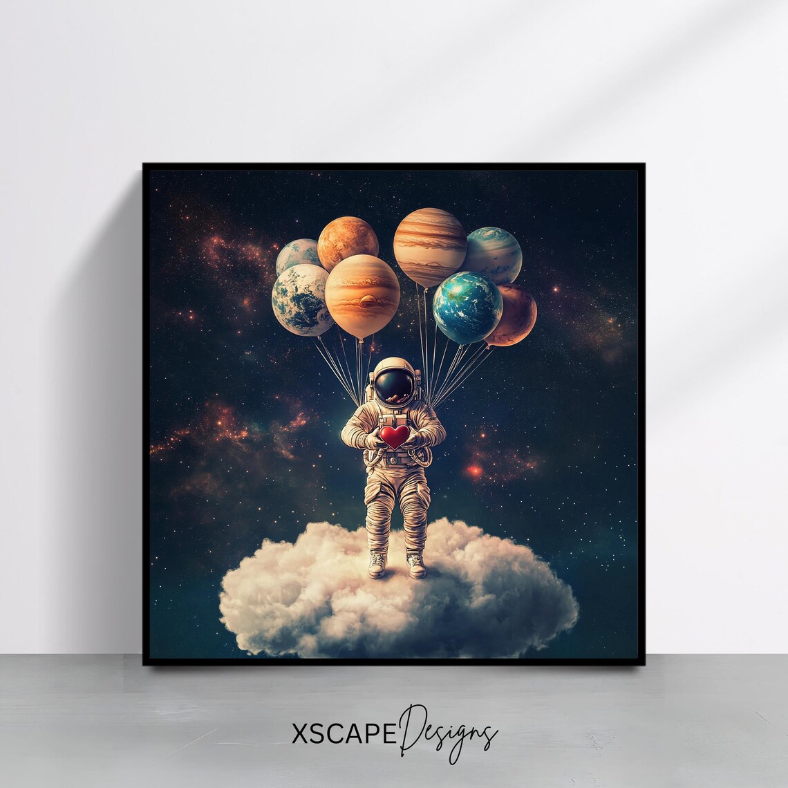 Astronaut Holding Planet Balloons Red Heart Cosmic Starry Night Art Print