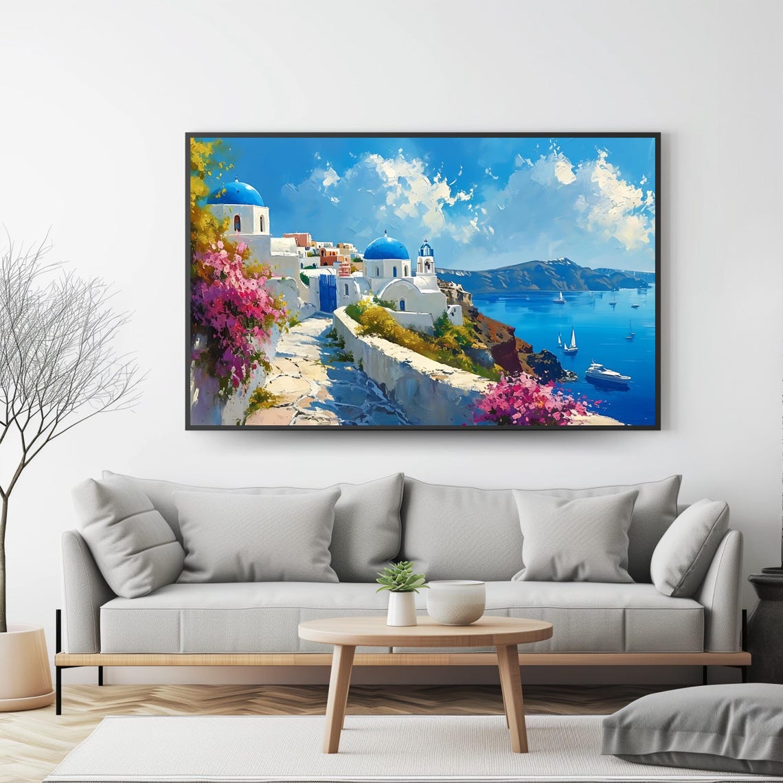 Santorini Blue Domes Bougainvillea Caldera Greek Island View Poster - Image 4